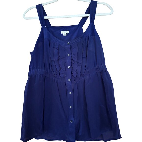 Anthropologie Odille Navy Silk Button-Front Tank Top With Ruffle Detail Size 6 - Picture 2 of 10